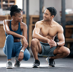 Image showing Fitness, happy or black woman with coach at gym to start training, exercise or body workout. Team partnership, personal trainer or African client with pride in health club for exercising activity