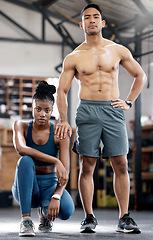 Image showing Fitness, portrait or coach with a black woman at a gym training, exercise or body workout. Team partnership, personal trainer or African client with pride in health club to start exercising activity
