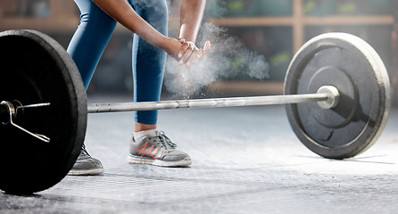 Image showing Fitness, hands or bodybuilder with powder or barbell in training, workout or exercise for body goals. Deadlift, healthy person or sports athlete weightlifting with chalk dust in a gym club studio