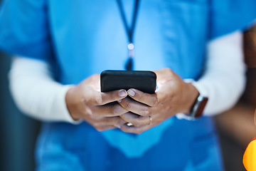 Image showing Phone, hands and medical nurse in hospital working on telehealth, research or online consultation. Healthcare smartphone, woman and female physician with mobile for wellness app in clinic at night.