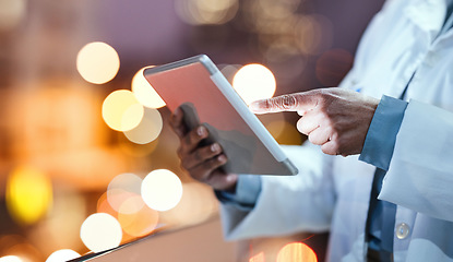 Image showing Doctor, tablet and healthcare hands at night for research, consultation and online medical information. Hospital man with technology for health communication, contact us and 5g network connection