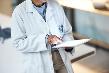 Image showing Doctor, hands and tablet with mockup screen for medical research, surgery planning or medicine schedule at night hospital. Woman, healthcare and worker on technology mock up for digital medicine help