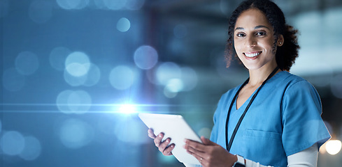 Image showing Portrait, nurse or digital tablet and copy space, mockup or bokeh mock up for night planning, medical research or schedule. Smile, happy woman or doctor on hospital, healthcare or wellness technology