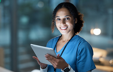 Image showing Nurse portrait, tablet and black woman in hospital working on telehealth, research or online consultation. Face, healthcare and female physician with technology for wellness app in clinic at night.