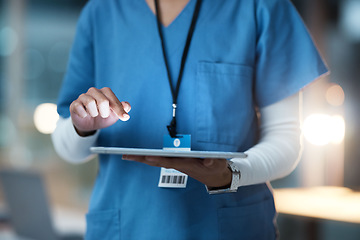 Image showing Technology, healthcare and hands of doctor with tablet for medical research, planning and report in hospital. Nurse, clinic and black woman with digital tech for results, prescription and insurance