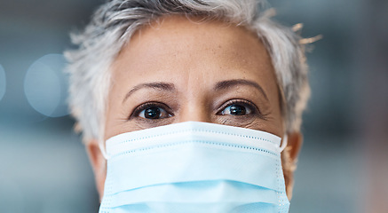 Image showing Elderly woman, face mask and healthcare with Covid, safety from virus and PPE health portrait. Medicine, medical compliance or policy with wellness, bokeh and surgery with protection from bacteria