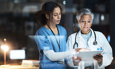 Image showing Doctors, nurse and digital tablet for night teamwork, medical research and surgery planning in wellness hospital. Talking, healthcare and worker women in collaboration on technology for late thinking