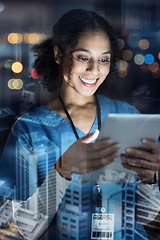 Image showing Woman, nurse or tablet and city abstract, overlay or futuristic community in global healthcare, wellness or support. Smile, happy or technology in night hospital worker or doctor with success results