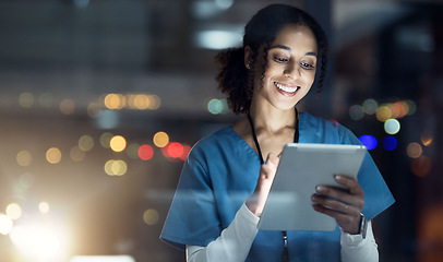 Image showing Medical, research and night with doctor and tablet for planning, medicine and schedule. Technology, review and digital with black woman reading report for healthcare, science and life insurance news