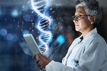 Image showing Doctor, tablet or dna hologram in analysis, innovation or genetic ideas in night hospital or future evolution study. Thinking, woman or abstract genes on healthcare technology or futuristic wellness