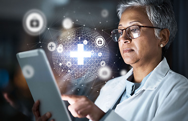 Image showing Doctor, tablet or futuristic global healthcare on cybersecurity, life insurance or data safety app on night hospital network. Thinking, woman or medical technology hologram and overlay for research