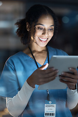 Image showing Black woman, nurse and tablet in night planning, medical research or surgery ideas schedule. Smile, happy and doctor working late on technology, hospital healthcare or wellness with test results