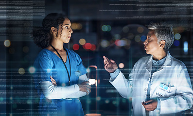 Image showing Doctors, talking or futuristic teamwork in hospital night collaboration, surgery planning or wellness research. Medical, big data or future abstract graphic for healthcare women, worker or ai overlay