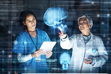 Image showing Doctors, tablet or healthcare of futuristic skull in brain cancer, mental health or fracture analytics in night hospital thinking. Abstract hologram, head or organ technology or women collaboration