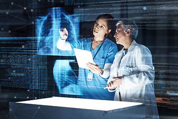 Image showing Doctors, hospital or tablet with lungs hologram in tuberculosis, cancer or heart analytics in night healthcare collaboration. Futuristic, abstract or breathing organ on technology for thinking women