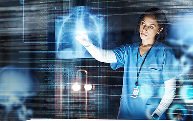Image showing Doctor, hospital or healthcare with futuristic lungs in tuberculosis, cancer or heart analytics in night surgery planning. Hologram, abstract or breathing organ xray for thinking nurse or woman ideas