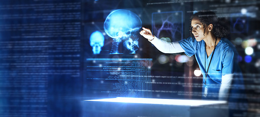 Image showing Doctor, healthcare or futuristic skull scan in brain cancer, injury or fracture analytics in night hospital planning. Medicine, future or hologram xray of skeleton on abstract head for thinking woman