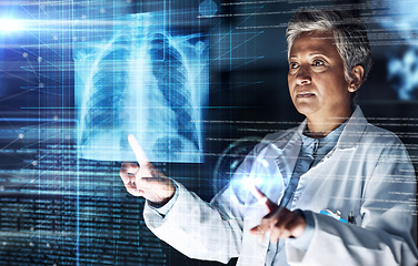 Image showing Doctor, hospital or healthcare with lungs hologram in tuberculosis virus, cancer or asthma overlay analytics in night thinking. Futuristic, abstract or breathing organ glow for surgery planning woman