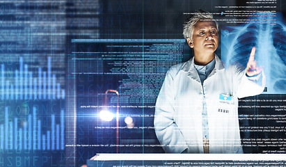 Image showing Doctor, hospital or healthcare with xray hologram in tuberculosis virus, cancer or asthma overlay analytics at night. Futuristic, abstract or lungs scan for touch planning, surgery or thinking woman