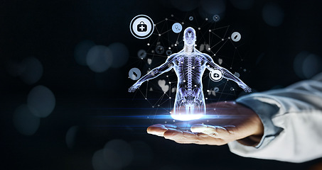 Image showing Doctor, hand or 3d skeleton in healthcare, analytics or life insurance wellness on isolated black background. Zoom, medical or futuristic body hologram for abstract wellness, hospital woman or mockup