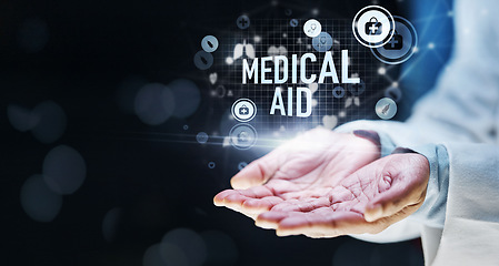Image showing Doctor, hand and abstract medical aid in healthcare, wellness trust and life insurance mockup on isolated black background. Zoom, person and futuristic hologram for hospital finance and medicine help