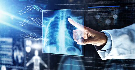 Image showing Doctor, healthcare or finger on xray hologram in tuberculosis virus, cancer analytics or asthma x ray at night. Futuristic, abstract or medical lungs scan for surgery planning or hospital woman help