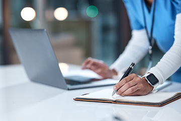 Image showing Healthcare, writing and hands of nurse with notebook for medical report, planning and schedule in hospital. Medicine, clinic and black woman write notes for prescription, insurance and consultation