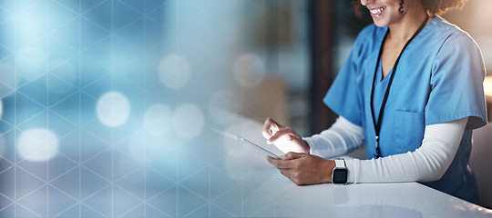 Image showing Happy woman, doctor or digital tablet with bokeh copy space, mockup or mock up for night medical research, planning or schedule. Smile, nurse or healthcare worker on hospital technology for wellness