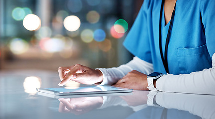 Image showing Healthcare, tablet and hands of nurse working online for medical research, planning and schedule in hospital. Telehealth, communication and black woman with digital tech for consultation in clinic