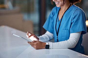 Image showing Tablet, healthcare and hands of nurse working online for medical research, planning and schedule in hospital. Telehealth, insurance and black woman with digital tech for online consultation in clinic