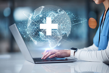 Image showing Doctor, hands and technology for 3d globe networking, healthcare community or digital help for life insurance support. Zoom, medical and futuristic world for global hospital, woman or nurse on laptop