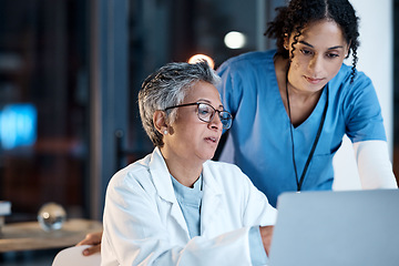 Image showing Doctors, nurse or laptop in night teamwork, medical research or surgery planning in wellness hospital. Talking, thinking or healthcare women on technology for collaboration help or life insurance app