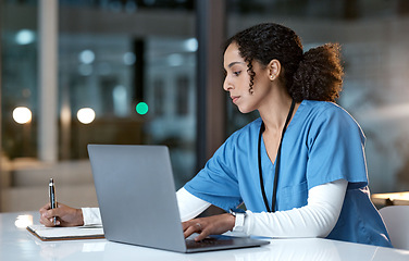 Image showing Research, writing and doctor black woman with notebook for medical report, healthcare and schedule in hospital. Medicine, clinic and nurse write notes for prescription, insurance and consultation