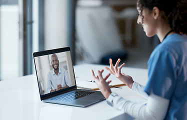 Image showing Video call, laptop and doctor consulting patient online, virtual healthcare or telehealth service for advice, help or support. Computer screen, medical, and professional nurse or black people talking