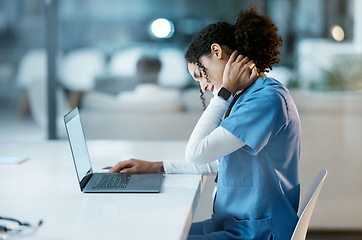 Image showing Doctor, laptop and neck pain at night overworked, stressed or burnout by desk at the hospital. Woman medical professional suffering from painful injury, ache or inflammation working late on computer