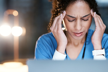 Image showing Night, stress and headache with doctor at laptop for medical, thinking and deadline review. Burnout, accountability and mental health with black woman for healthcare, medicine and science research