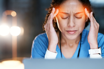 Image showing Night, stress and headache with doctor at laptop for medical, stress and deadline review. Burnout, accountability and mental health with black woman for healthcare, medicine and science research