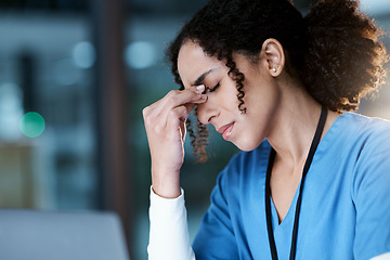 Image showing Night, stress and headache with face of doctor for medical, thinking and deadline review. Burnout, accountability and mental health with black woman for healthcare, medicine and science research