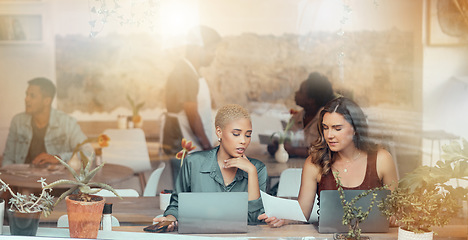 Image showing Meeting, laptop and business women in cafe window for b2b conversation, discussion and networking. Communication, teamwork and female workers working on project ideas, strategy report and research