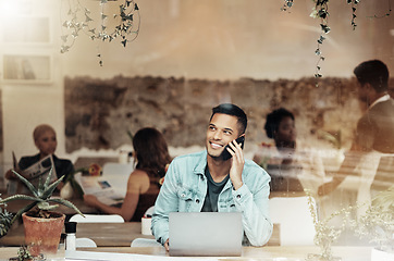 Image showing Coffee shop, phone call and business man through cafe window sitting with laptop talking. Mobile communication, internet employee and computer work of a young professional in a restaurant talking