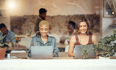 Image showing Working, laptop and business women in cafe window for remote work, freelance career and research. Thinking, inspiration and female workers with computer for project ideas, report and typing email