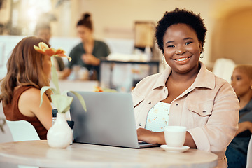 Image showing Black woman, portrait and laptop in cafe of remote work, planning freelance research or restaurant. Happy female, coffee shop and computer technology on internet, blogging or social networking online