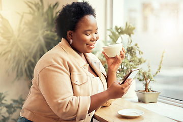 Image showing Coffee shop, phone and communication with a black woman customer drinking while typing a text message by a window. Internet cafe, mobile or social media with a female enjoying a drink in a restaurant