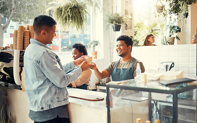 Image showing Barista, coffee shop and service worker in the morning with customer in a restaurant. Happy employee, waiter and store worker with black man server and latte or espresso order in a retail business