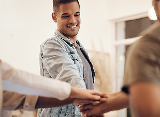 Image showing Man, group and hands together for teamwork, support and trust with friends, community or people. Team stacked for unity, motivation and mission with collaboration strategy for target goal commitment