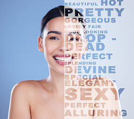 Image showing Woman, words and portrait smile for skincare beauty, collage or text overlay against a blue studio background. Happy female face with letters for empowerment, message or beautiful skin and self worth