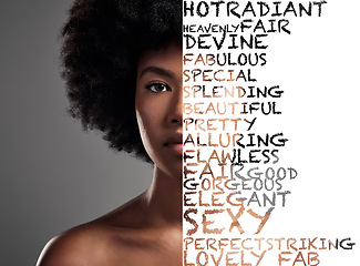 Image showing Black woman, afro and portrait with words, text or collage for empowerment or message isolated on background. African American female with letters overlay on face in reminder for beauty or self worth