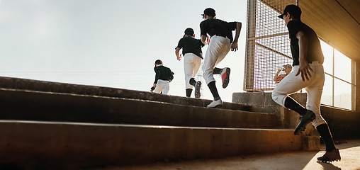 Image showing Baseball team, exercise and sport stadium training of professional athlete group doing a workout. Running, softball and cardio of sports game people doing a action run to pitch on field with mockup