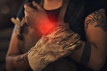 Image showing Inflammation, holding and woman with wrist pain at work, medical accident and healthcare emergency. Risk, injured and person with an arm injury, wound and trauma from a fracture or broken bone