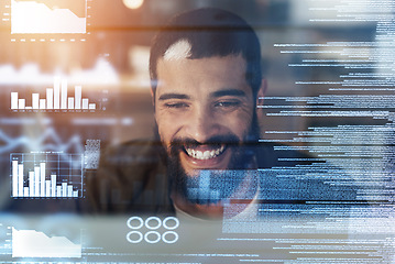 Image showing Stock market overlay, fintech or business man with smile for global finance on cryptocurrency, futuristic big data or financial growth. Happy, dashboard or male for economy analysis or invest charts.